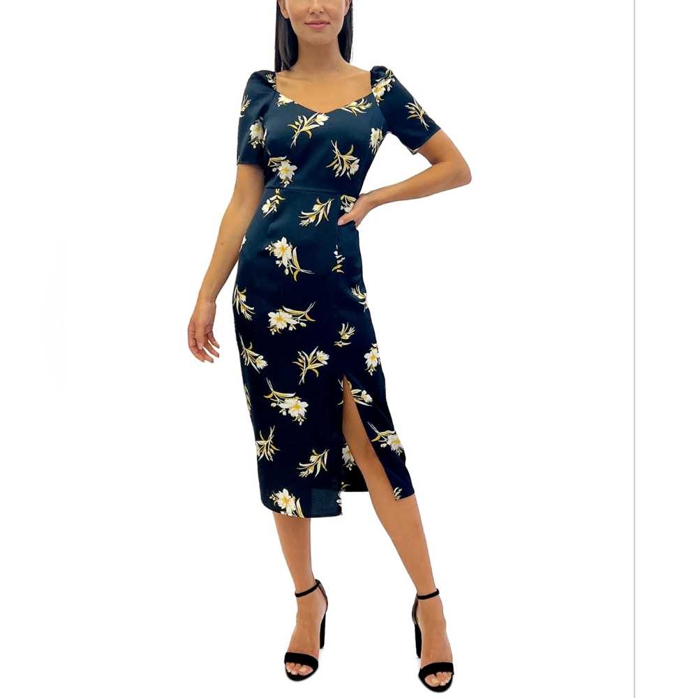 Womens Satin Floral Fit & Flare Dress